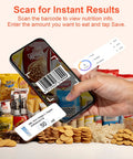 Smartphone scanning barcode on packaged food, illustrating Kitchen Food Scale With Nutritional Calculator And Calorie Fat Carbs Protein Tracker.