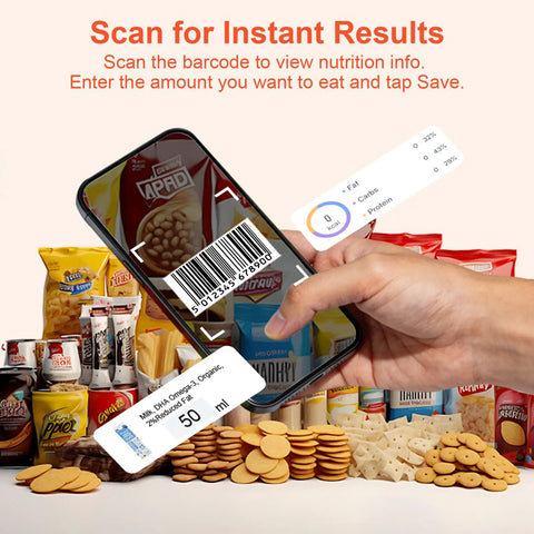 Smartphone scanning barcode on packaged food, illustrating Kitchen Food Scale With Nutritional Calculator And Calorie Fat Carbs Protein Tracker.