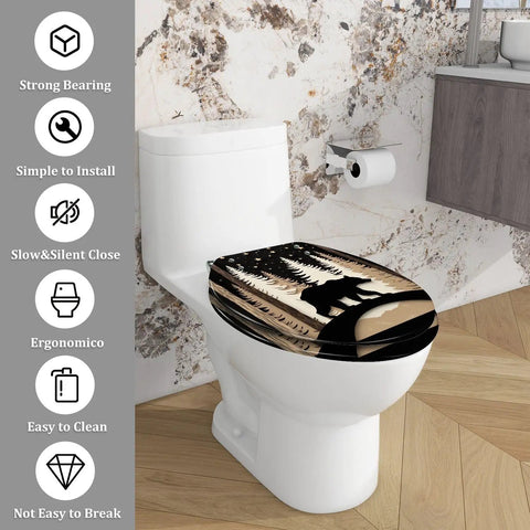 Elongated Toilet Seat Resin for Bathroom on white toilet with bear design, showcasing ergonomic shape and easy installation.