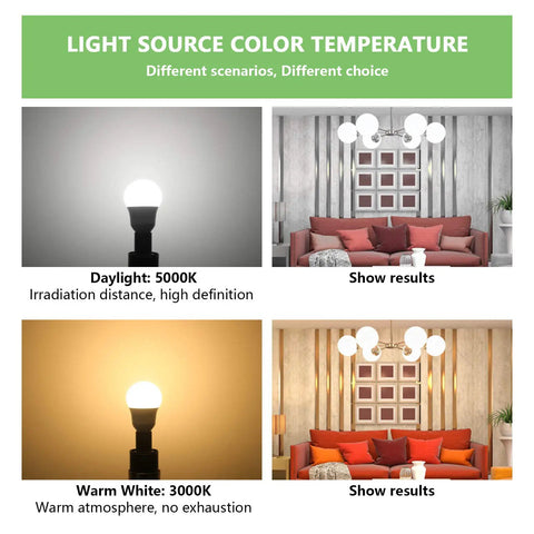 Comparison of Dope E17 Intermediate Base LED Bulbs 5000K daylight and 3000K warm white light in living room settings.