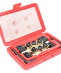 Built Tough CNC Eccentric Clamps Kit for Five Eighths Inch T-Slot, cam clamp system with copper studs displayed in red case