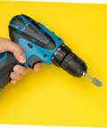 Hand holding drill with Pro Grade Polishing Buffing Wheel Bits Kit for rotary tools on a yellow background