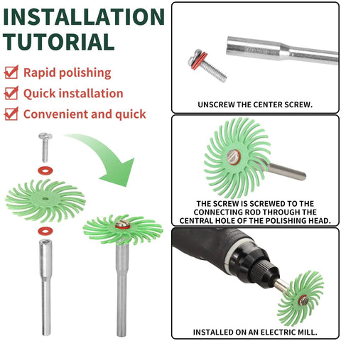 Installation tutorial for 76 Piece Pro Grade Mini Bristle Disc Kit For Rotary Tools showing assembly of mandrel and disc.