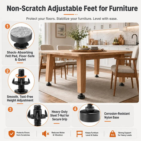 Beefy Heavy Duty Adjustable Furniture Leveling Feet Four Pack With Three Eighths Inch Sixteen Thread Floor Safe Felt Pads table set