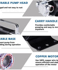 Features of 12V DC Mini Portable Water Pump For Sump Drainage, Battery Powered, including durable pump head and copper motor