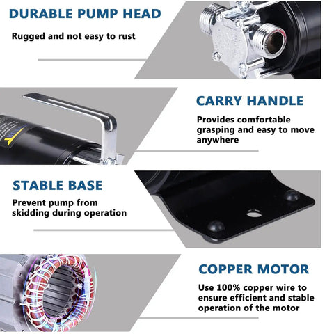 Features of 12V DC Mini Portable Water Pump For Sump Drainage, Battery Powered, including durable pump head and copper motor