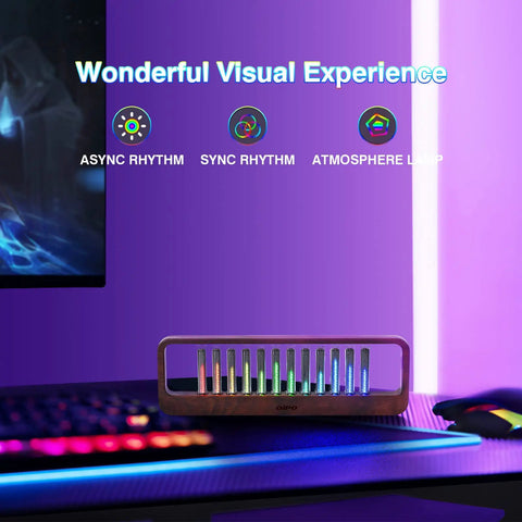 Music Sync LED Light With Spectrum Modes For Desk Use, Rhythm Pulse Ambient Lamp in Walnut Wood Finish on desk setup