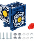 NMRV040 Beefy Worm Gearbox With High Torque Speed Reducer 5 To 1 Ratio 18mm Output Shaft 14mm Input Bore Compact Blue Nema 34