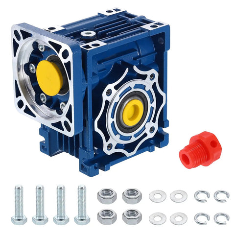 NMRV040 Beefy Worm Gearbox With High Torque Speed Reducer 5 To 1 Ratio 18mm Output Shaft 14mm Input Bore Compact Blue Nema 34