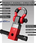 Heavy Duty 2 Inch Shackle Hitch Receiver Kit With Three Quarter Inch D Ring Shackle And Five Eighth Inch Trailer Hitch Lock Pin 45,000 Lbs Break Strength For Off Road Recovery Anti Theft Lock Red shown with labeled components