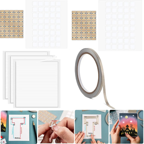 60 Piece White LED Circuit Stickers and Conductive Fabric Tape DIY Light Kit with stickers, tape, and project examples.