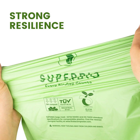 Person stretching 13 Gallon Compostable Drawstring Kitchen Waste Bags Tear Free 49.2 Liter Heavy Duty 1 Mil Food Scrap Bags 30 Count BPI Certified OK Compost Industrial Seedling Safe showing resilience.