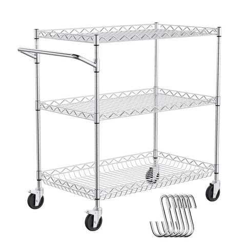 Must Have Heavy Duty 3 Tier Kitchen Utility Cart On Wheels With 661 Lbs Capacity, metal storage trolley with hooks