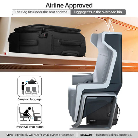 Go-To Carry On Luggage Duffel Bag For Travel under aircraft seat and in overhead bin, showing airline compatibility