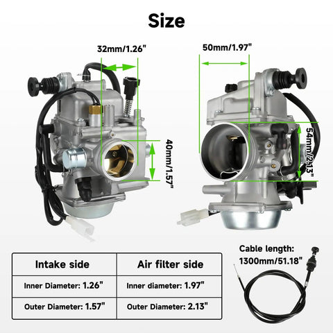 Rancher 350 ATV Carburetor Kit With Air Filter And Oil Filter For Honda Fourtrax 2000 Through 2006, intake and air filter side dimensions