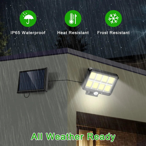 Solar Motion Sensor Outdoor Light Ultra Bright 320 COB LEDs 16.4 Ft Cable mounted with IP65 waterproof feature in rain.