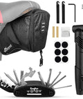 Bike Tire Repair Kit With Waterproof Saddle Bag On The Go, 120 Psi Mini Pump, 16 in 1 Multifunctional Tool, patches, valves displayed