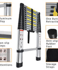 Telescoping Extension Ladder 14 Point 5 Ft Folding Aluminum Ladders Space Saving Lightweight Collapsible Step For RV Roof Attic Home 330 Lb Capacity, showing details like one button retraction, non-slip steps, anti-slip rubber feet, storage straps, and aluminum alloy construction.