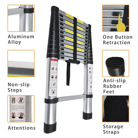 Telescoping Extension Ladder 14 Point 5 Ft Folding Aluminum Ladders Space Saving Lightweight Collapsible Step For RV Roof Attic Home 330 Lb Capacity, showing details like one button retraction, non-slip steps, anti-slip rubber feet, storage straps, and aluminum alloy construction.