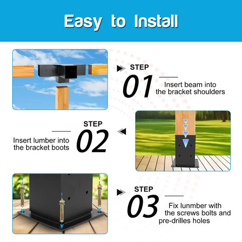 Beefed-Up Heavy Duty Gazebo Brackets Kit Two Pack For 4x4 Lumber 4-Way Right Angle Corner Brackets With Pergola Post Base For 3.5x3.5 Inch Lumber Steel Black Powder Coat Rust Proof Durable Outdoor Support