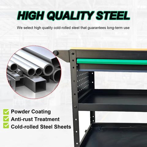Heavy-Duty Rolling Utility Cart With Wooden Top, 3-Tier Mobile Workshop Table On Sturdy Casters, high-quality steel structure
