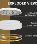 Exploded view of Dope 12 Inch 18W Dimmable Flush Mount LED Ceiling Light with frosted glass shade and brass finish