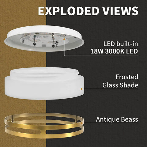 Exploded view of Dope 12 Inch 18W Dimmable Flush Mount LED Ceiling Light with frosted glass shade and brass finish