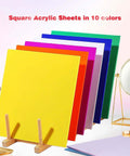 Ten 12x12 in square acrylic sheets, 3 mm thick, colors yellow/orange/pink/purple/blue/green with protective film.