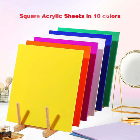 Ten 12x12 in square acrylic sheets, 3 mm thick, colors yellow/orange/pink/purple/blue/green with protective film.
