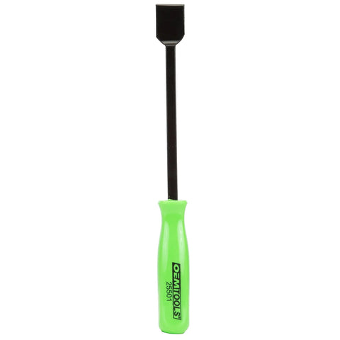 Heavy Duty Automotive Gasket Scraper With Heat Treated Steel Blade Ten And A Half Inch Extended Reach And Sure Grip Handle For Quick Gasket Prep And Clean Surfaces Removing Rust Residue And Carbon Buildup in green with OEM Tools branding.