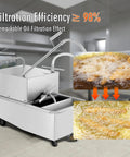 Heavy Duty Stainless Steel Deep Fryer Oil Filter Cart Top Shelf Smooth Rolling Workhorse For Busy Restaurants with oil filtration process.