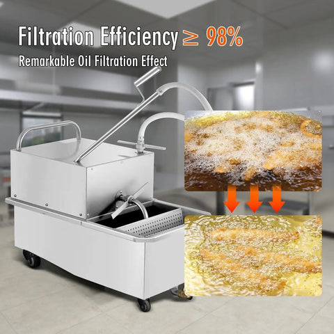 Heavy Duty Stainless Steel Deep Fryer Oil Filter Cart Top Shelf Smooth Rolling Workhorse For Busy Restaurants with oil filtration process.