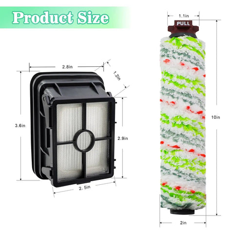 CrossWave Replacement Brush Roll Set And Filter Pack with green brush size and filter dimensions shown