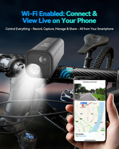 4K Bike Camera With GPS Tracking And Integrated Cycling Computer Headlight, phone app showing live view and route map on handlebars