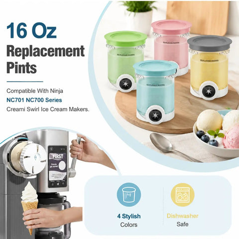 4 Pack Creami Swirl Pints With Lids For Ninja NC700 NC701 NC701C Series in assorted colors on a wooden tray.