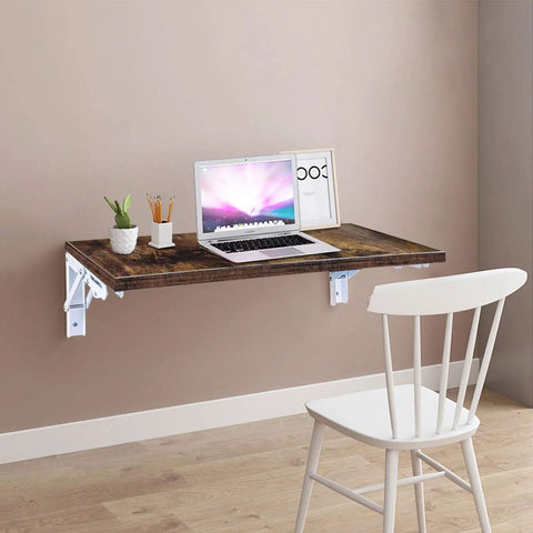 Wall-mounted desk using Folding Shelf Brackets Set With 400 Lb Max Load, DIY Wall Mounted Shelving Brackets, includes white 12 inch plank