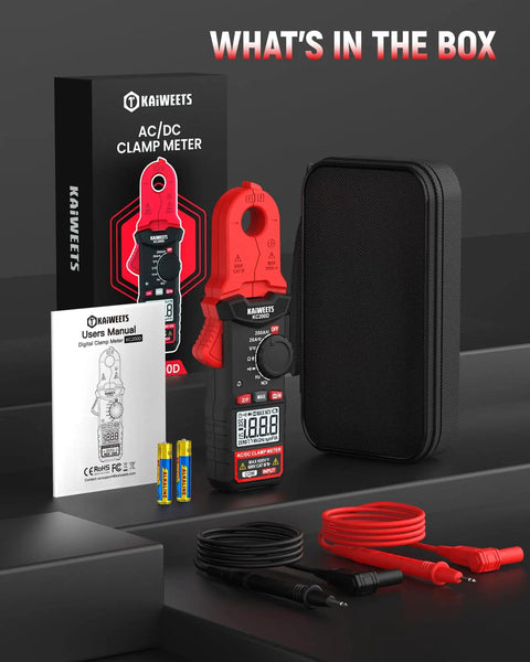 Round Jaw Digital Clamp Meter With NCV And 2000 Counts for auto and home use with accessories and packaging display.