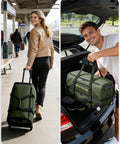 Ponhog green rolling duffle bag with wheels, 21-inch size, being pulled at a train station
Ponhog green rolling duffle bag with wheels, 21-inch size, loaded into car trunk
