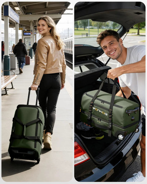 Ponhog green rolling duffle bag with wheels, 21-inch size, being pulled at a train station
Ponhog green rolling duffle bag with wheels, 21-inch size, loaded into car trunk