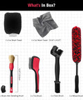 Six Piece Motorcycle Cleaning Kit with Boar Hair Detailing Brush Pro Safe for Chrome, Chains, Tires and Engine, tools displayed