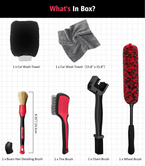Six Piece Motorcycle Cleaning Kit with Boar Hair Detailing Brush Pro Safe for Chrome, Chains, Tires and Engine, tools displayed