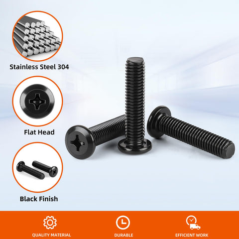 Heavy Duty M4X10MM Flat Head Machine Screws With Black Oxide Coating And Phillips Drive for No Sweat Furniture and Bed Frame Assembly, 3 screws displayed