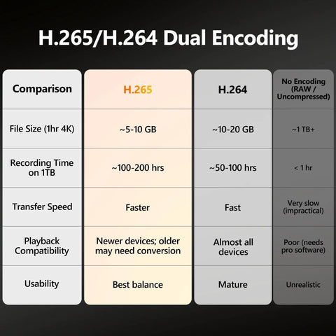 Comparison chart of H.265/H.264 dual encoding features for video recording, data size, transfer speed, and usability.