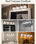 Four-Light Farmhouse Vanity Light Over Mirror With Bubble Glass Shades, shown in diverse bathroom settings.