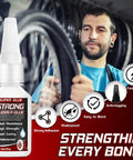 Product image of Heavy Duty Rubber Glue For Tires And Seals, Tough As Nails Adhesive For Gaskets, Shoe Soles, Hoses And More, Waterproof And Heat Resistant, 30g tube with anti-clog cap and droppers, displayed with mechanic in background fixing tires.