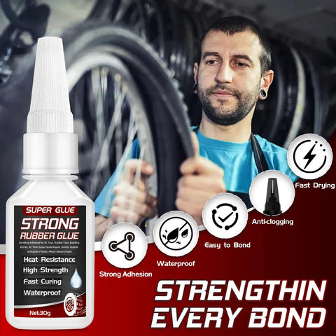 Product image of Heavy Duty Rubber Glue For Tires And Seals, Tough As Nails Adhesive For Gaskets, Shoe Soles, Hoses And More, Waterproof And Heat Resistant, 30g tube with anti-clog cap and droppers, displayed with mechanic in background fixing tires.