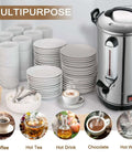 Big Crowd Ready Commercial Coffee Urn 100 Cup Brewer For Offices Churches Catering Events 4 Gallon 16L Dual Layer 304 Stainless Steel Build 1300W Fast Brew Percolator Hot Beverage Dispenser beside stacked cups and saucers.