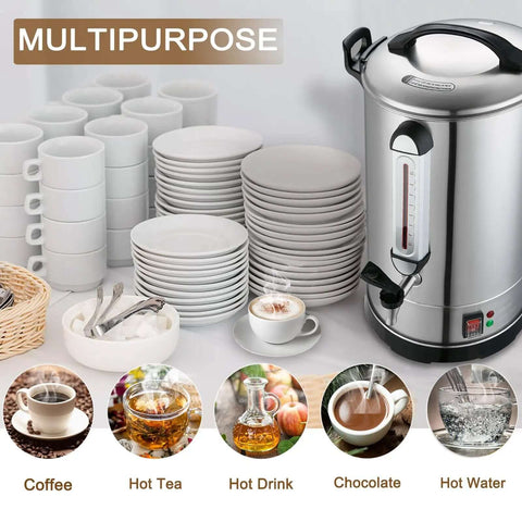 Big Crowd Ready Commercial Coffee Urn 100 Cup Brewer For Offices Churches Catering Events 4 Gallon 16L Dual Layer 304 Stainless Steel Build 1300W Fast Brew Percolator Hot Beverage Dispenser beside stacked cups and saucers.