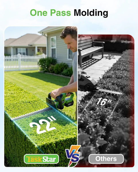 Man using 22 Inch Cordless Hedge Trimmer With Dual Action Blades Beefy 20V Power Two 4.0Ah Batteries against 16 Inch