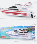 2.4G Wireless RC Speed Demon Racing Boat With Luxury Yacht Styling in packaging, dimensions displayed